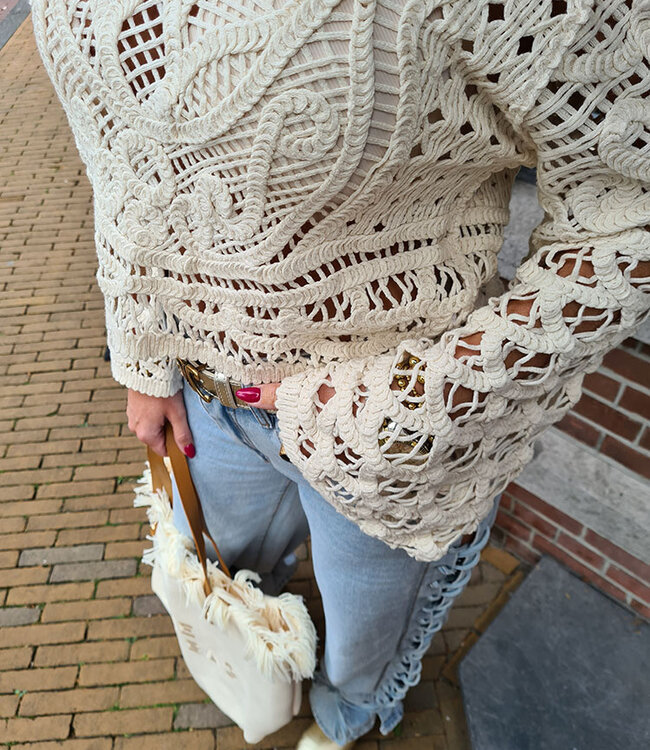 Gehaakte Top Lange Mouw Beige