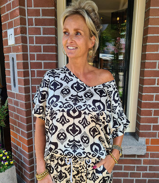 Zijdelook Boho Top vhals Zwart/Crème