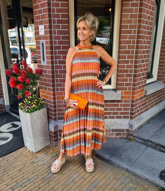 Halter Plissé Jurk Multi Oranje