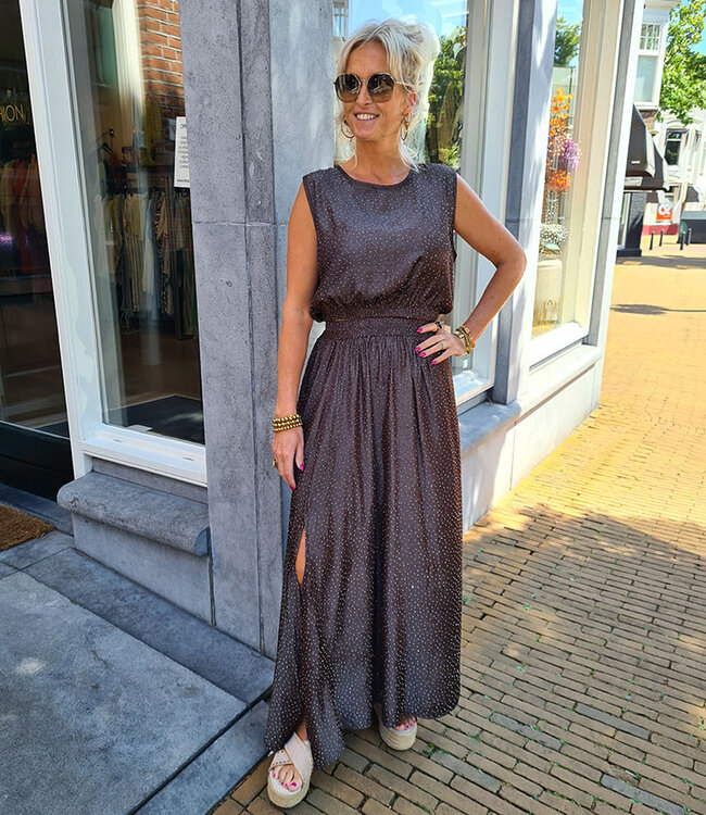 Ambika 2-Deligeset met STRASS Top & Rok Donkerbruin