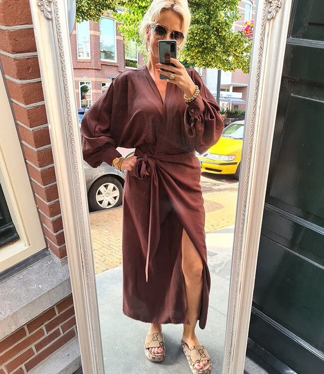 Ambika Overslag Linnenlook Dress LANG Donkerbruin