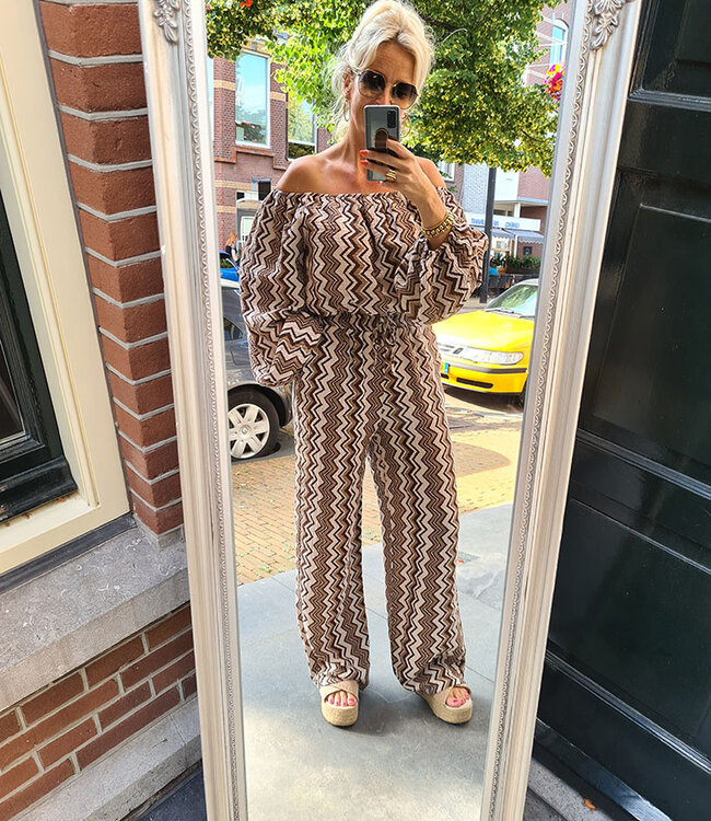 2-Delige Wafelset Offshoulder Aztec Bruintinten