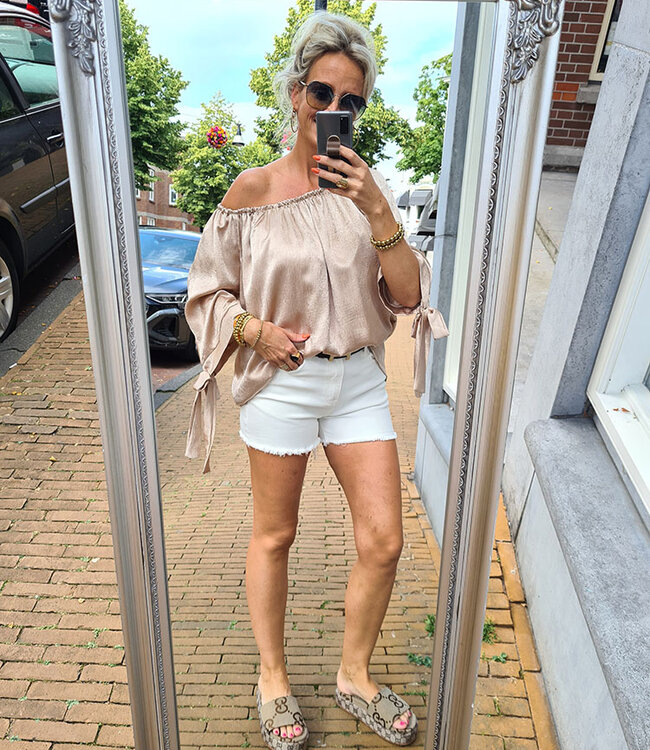 Offshoulder Blouse Shimmer Gold met Strikjes