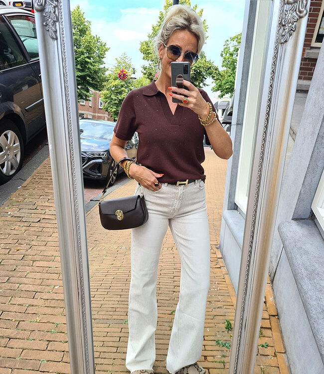 Knit Polo met Strass Donkerbruin