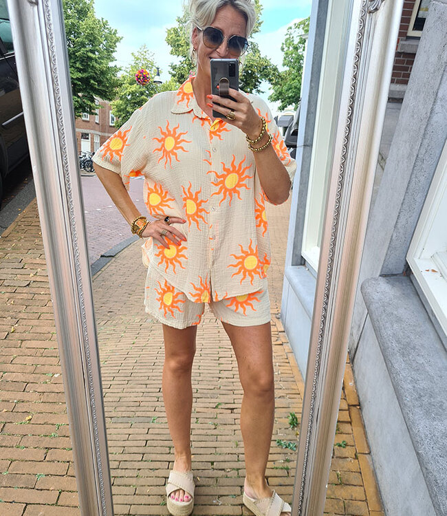 2-Delige WafelSet Blouse/Short Crème/Oranje