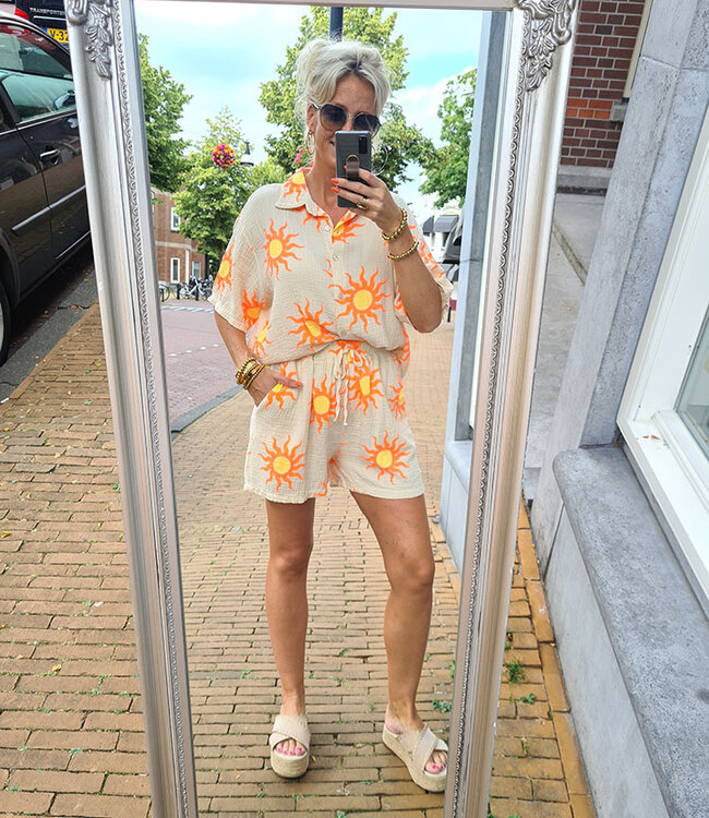 2-Delige WafelSet Blouse/Short Crème/Oranje