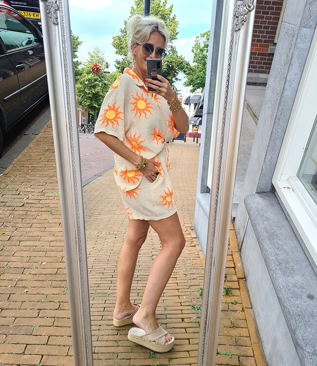 2-Delige WafelSet Blouse/Short Crème/Oranje