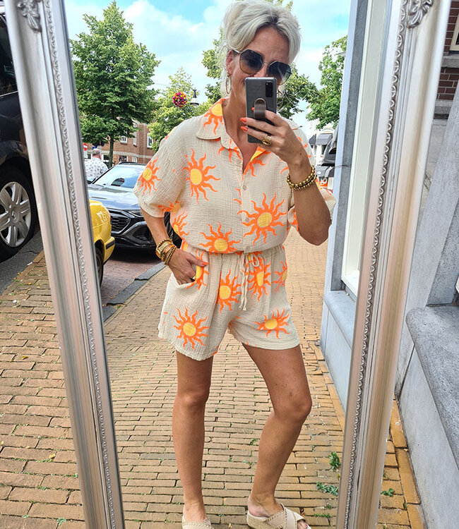 2-Delige WafelSet Blouse/Short Crème/Oranje