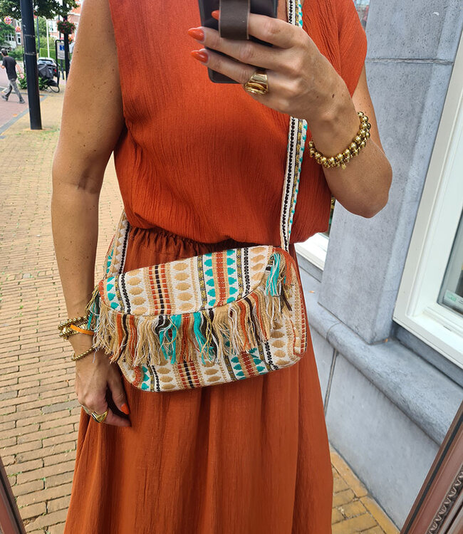 Boho Knit Bag Beige/Turquoise