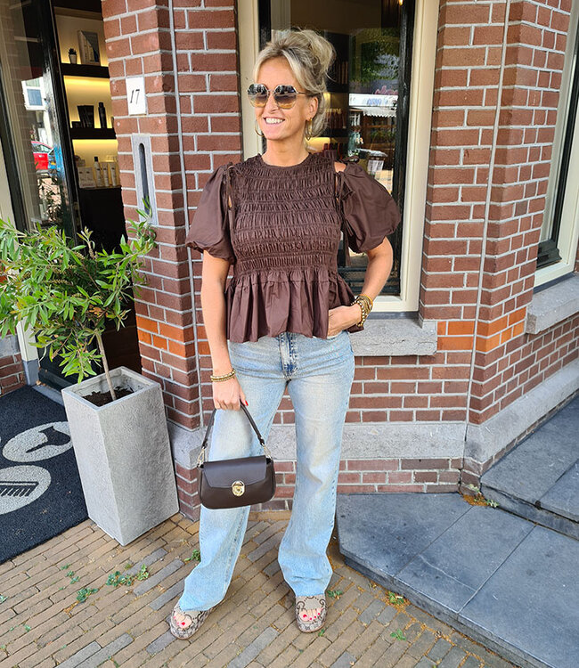 Gesmokte Top Pofmouw Donkerbruin