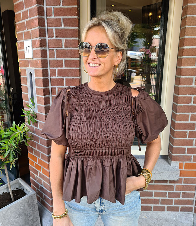 Gesmokte Top Pofmouw Donkerbruin