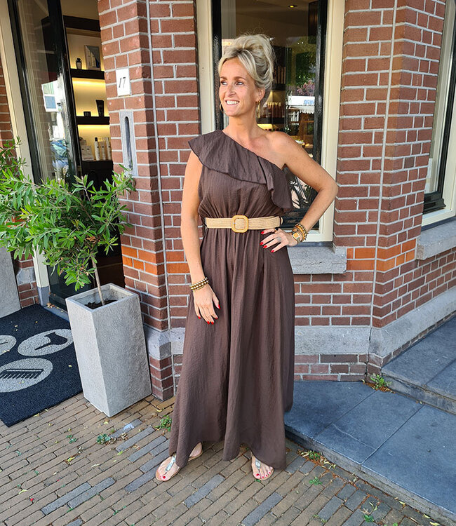 Oneshoulder Linnenlook Dress Donkerbruin