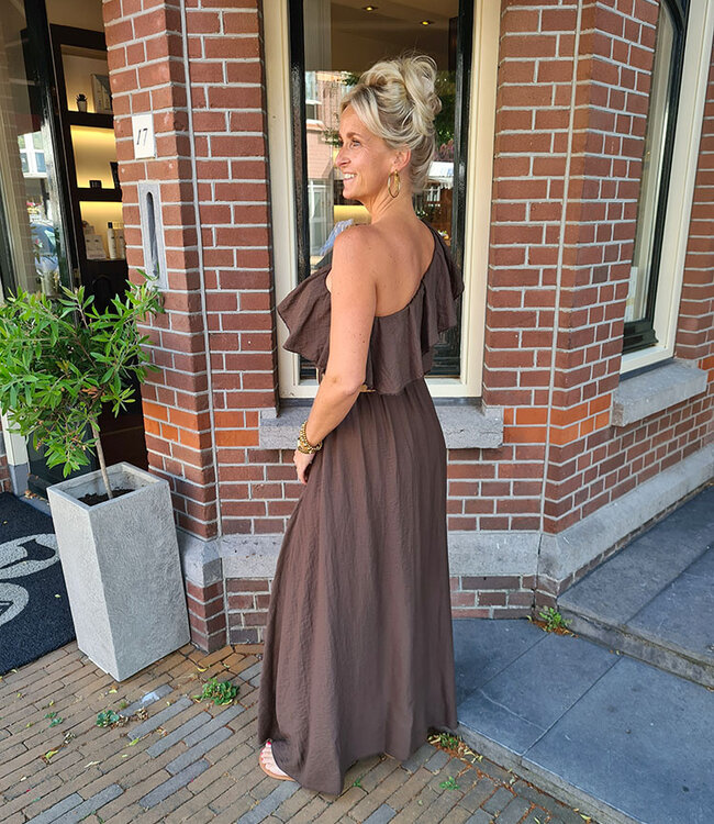 Oneshoulder Linnenlook Dress Donkerbruin
