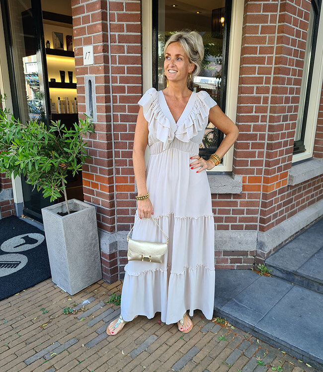 Lange Jurk Vhals Ruffle Effen Beige