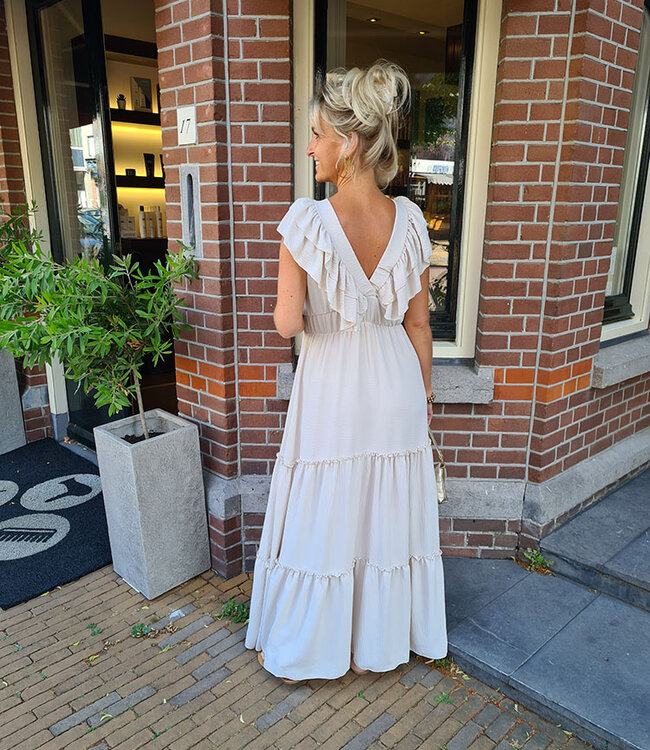 Lange Jurk Vhals Ruffle Effen Beige