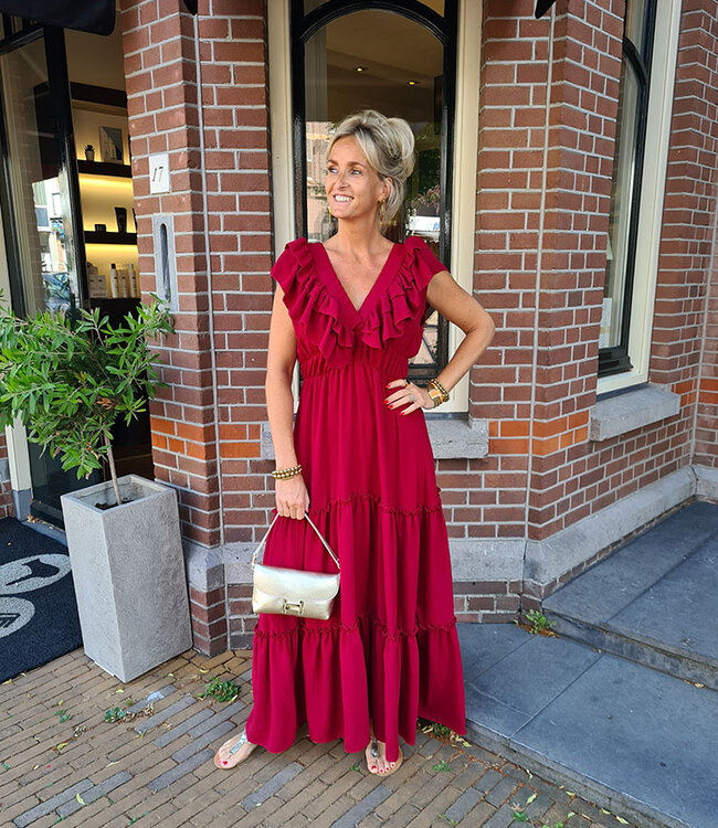 Lange Jurk Vhals Ruffle Effen Donkerrood