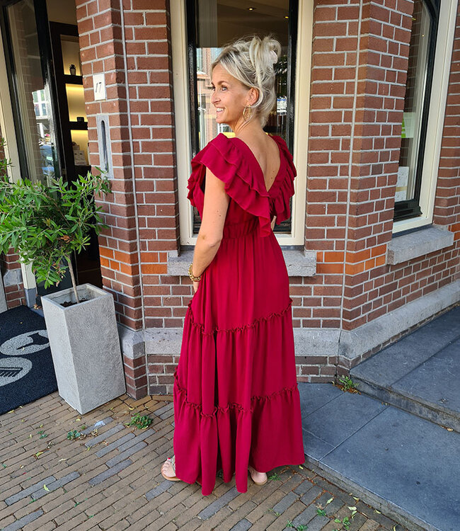 Lange Jurk Vhals Ruffle Effen Donkerrood