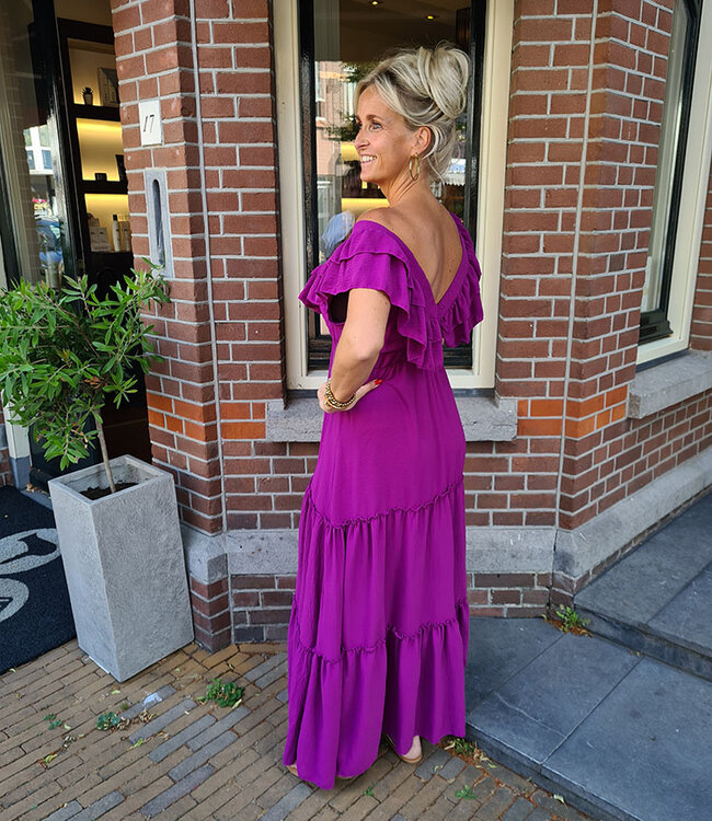 Lange Jurk Vhals Ruffle Effen Magenta