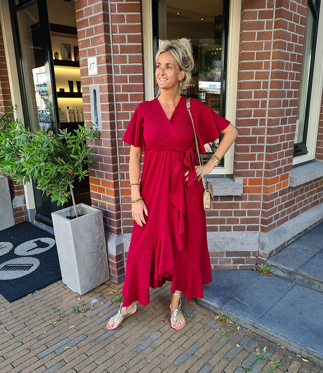 Lange Jurk wafelstof Ruffle Donkerrood