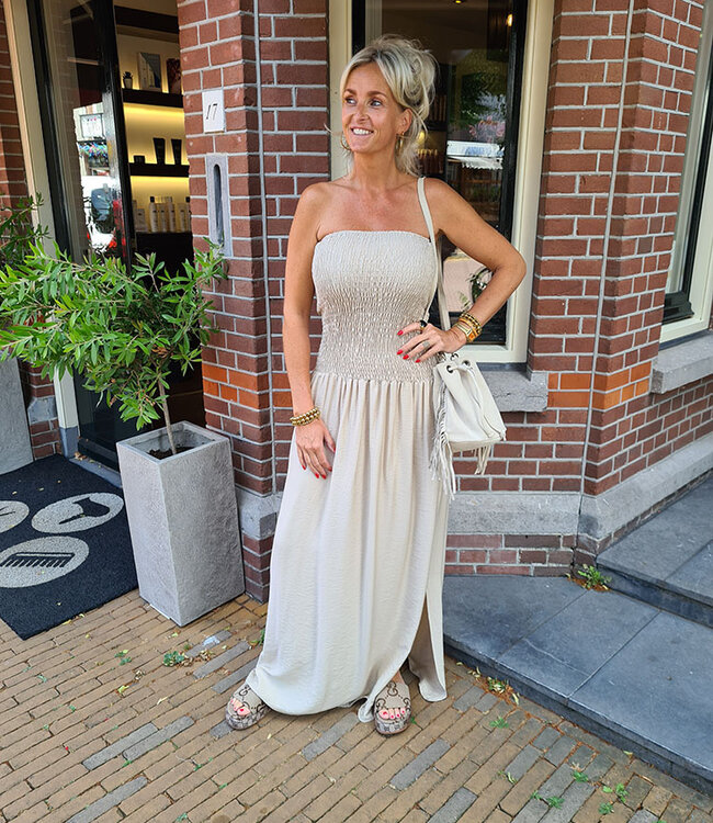 Azzurro Strapless Gesmokt Jurk Beige