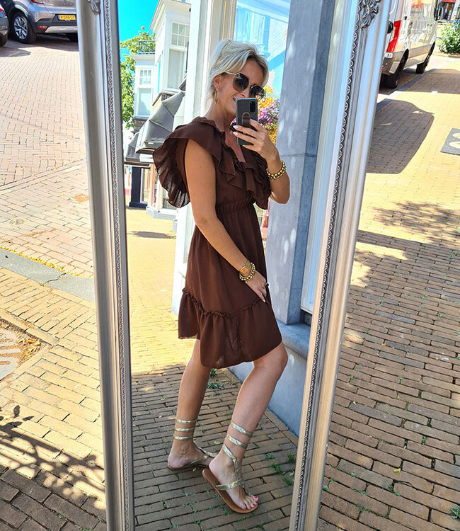 Korte Jurk Vhals Ruffle Effen Donkerbruin