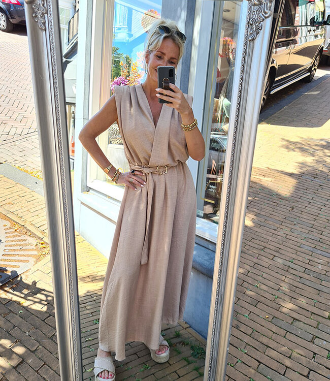 Lange Jurk Vhals met Centuur Beige/Taupe