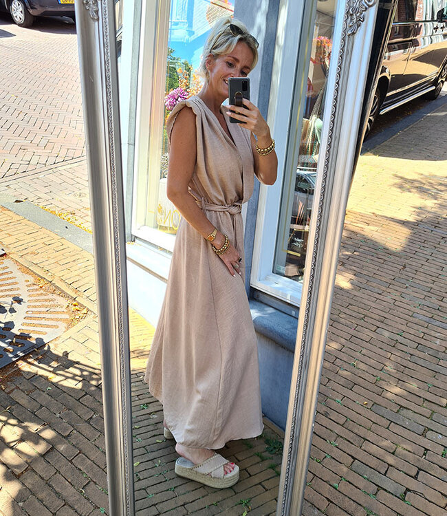 Lange Jurk Vhals met Centuur Beige/Taupe