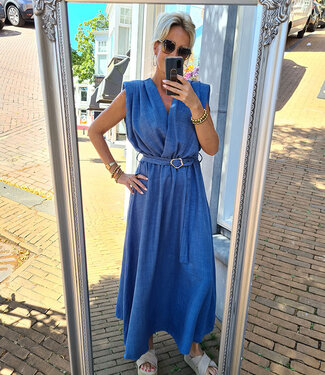 Lange Jurk Vhals met Centuur Blauw