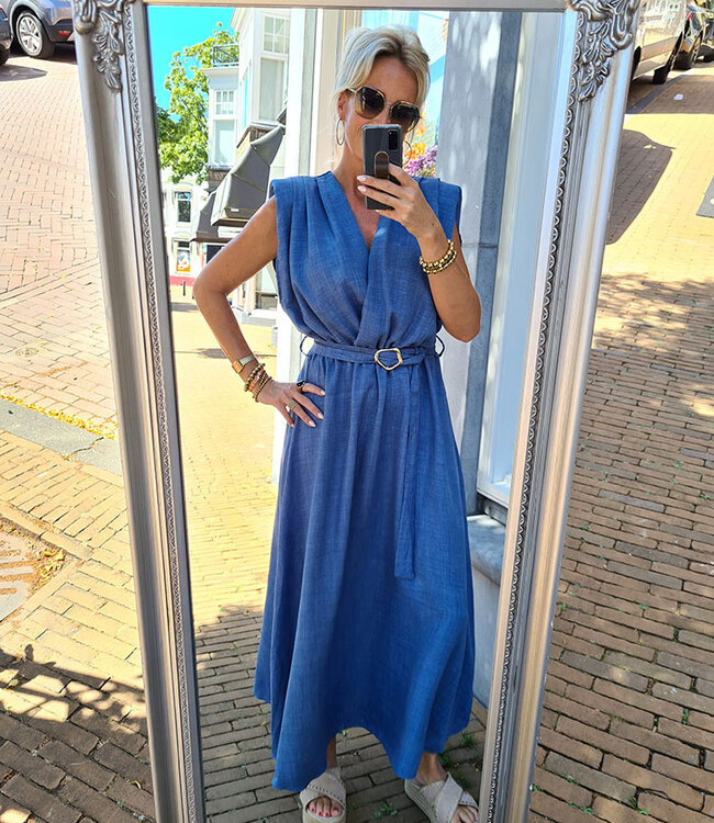 Lange Jurk Vhals met Centuur Blauw