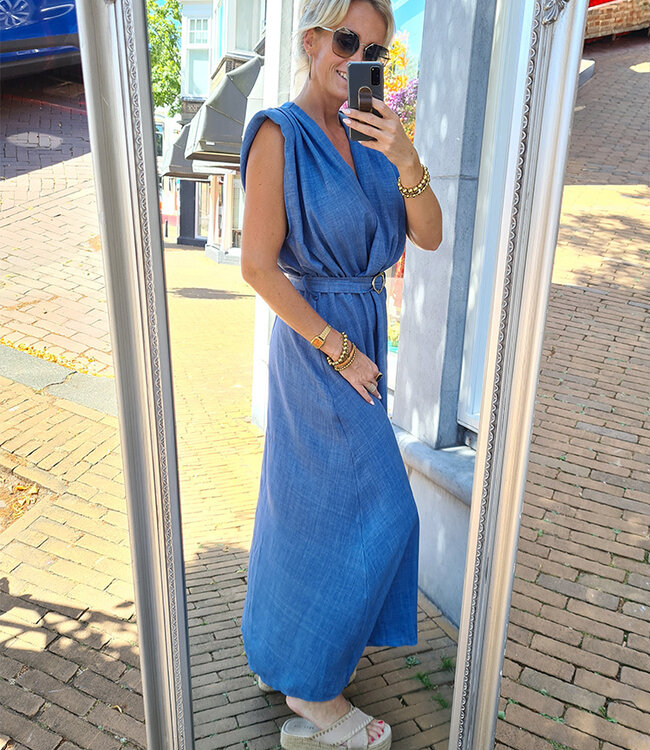 Lange Jurk Vhals met Centuur Blauw