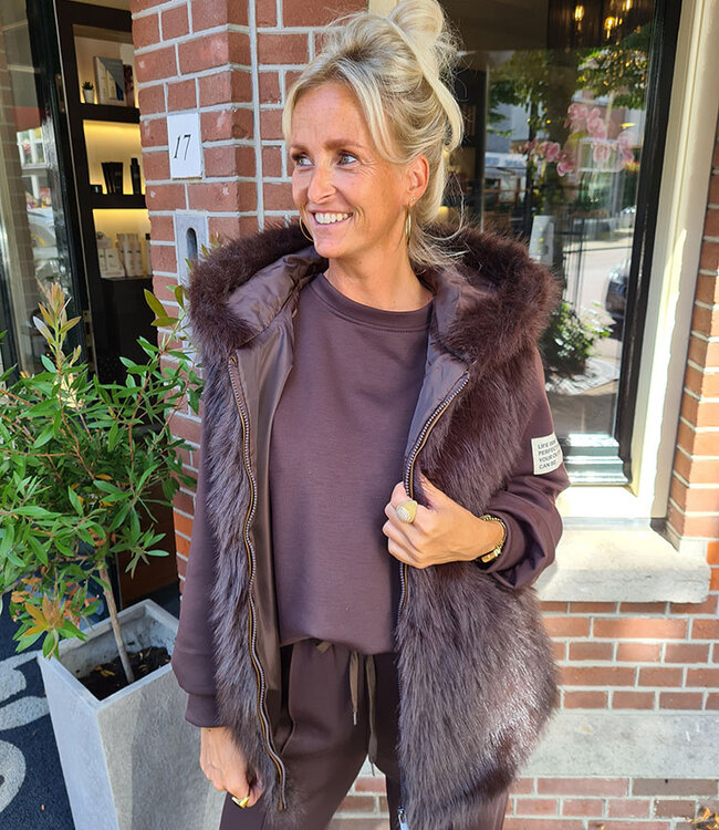Faux Fur Bodywarmer Capuchon Donkerbruin