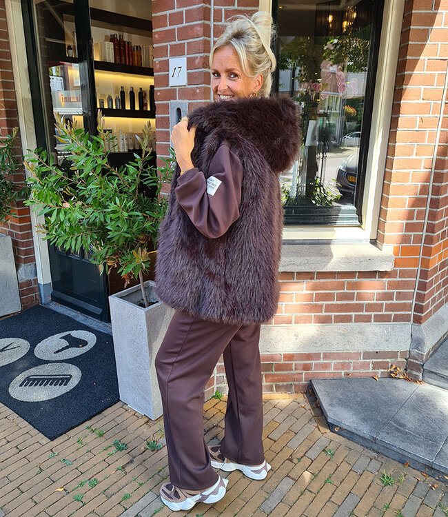 Faux Fur Bodywarmer Capuchon Donkerbruin