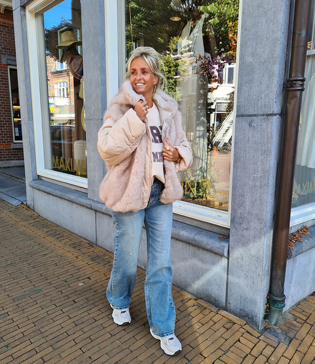 Faux Fur Bomber Jack met Capuchon Beige