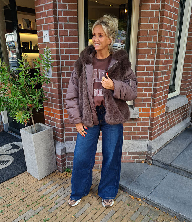 Faux Fur Bomber Jack met Capuchon Bruin