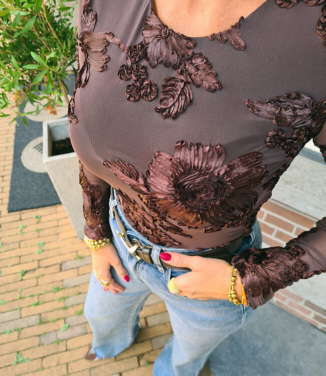 Body Mesh Geborduurd Donkerbruin