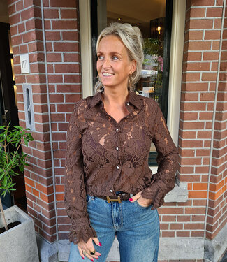 Lace Doorknoop Blouse Donkerbruin