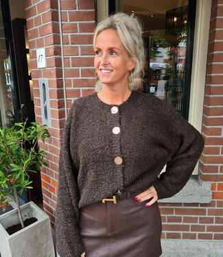 Azzurro Teddy Vest Gouden Knopen Donkerbruin