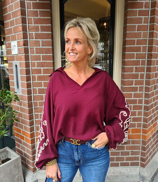 Ballon Blouse Geborduurde Mouwen Bordeaux