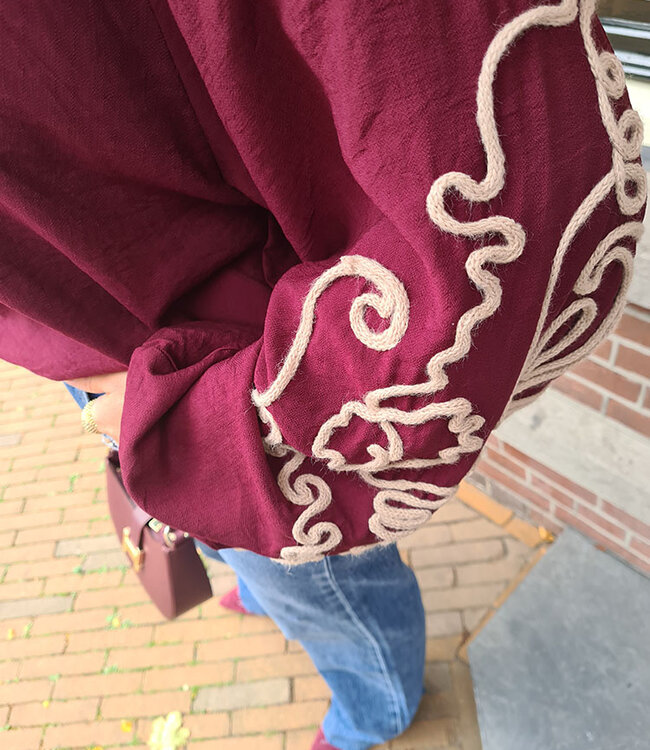 Ballon Blouse Geborduurde Mouwen Bordeaux