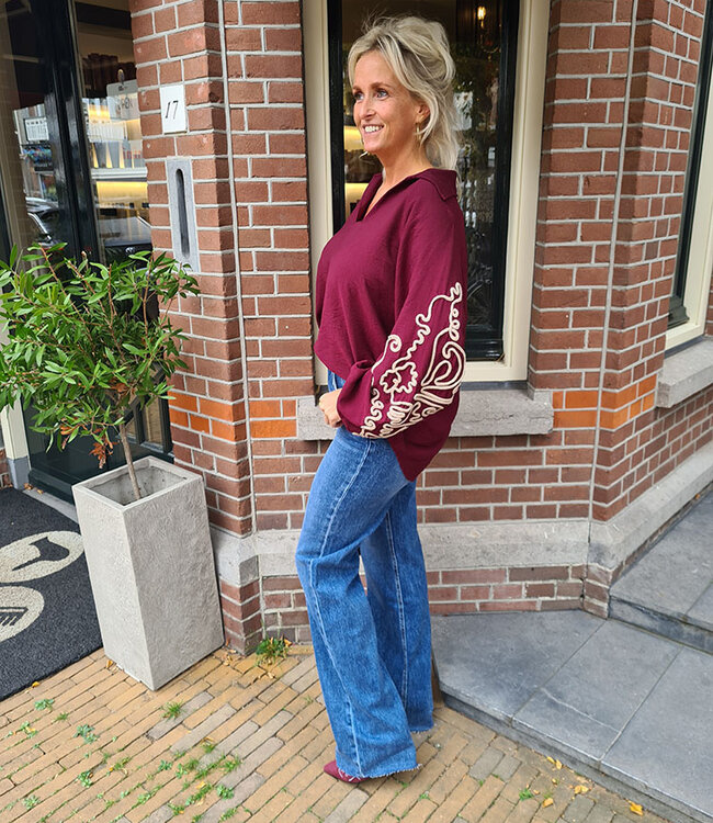 Ballon Blouse Geborduurde Mouwen Bordeaux