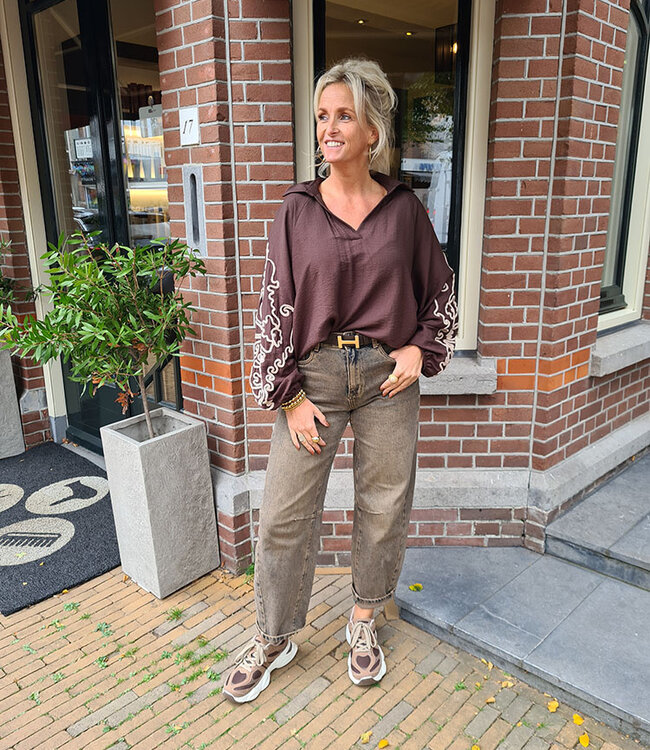 Ballon Blouse Geborduurde Mouwen Donkerbruin