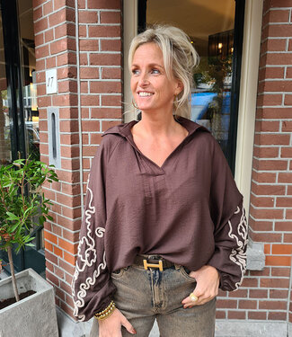 Ballon Blouse Geborduurde Mouwen Donkerbruin