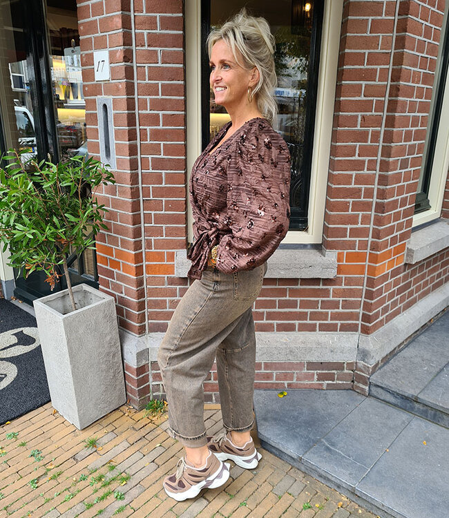 Luxe Wikkel Blouse Pailletten Donkerbruin