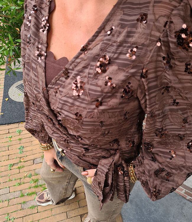 Luxe Wikkel Blouse Pailletten Donkerbruin