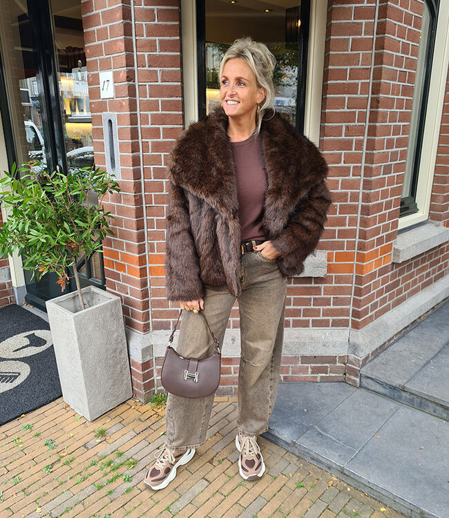 Faux Fur Short Jas Gemêleerd Donkerbruin