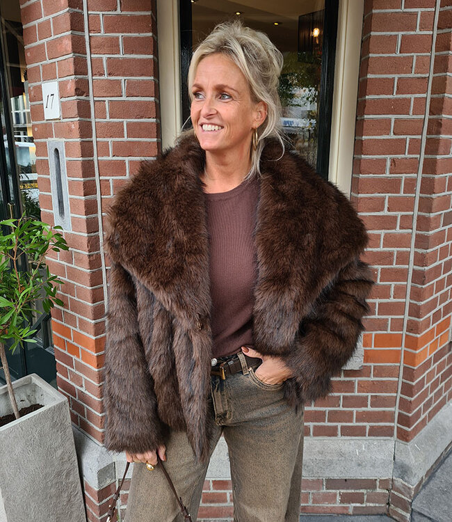 Faux Fur Short Jas Gemêleerd Donkerbruin