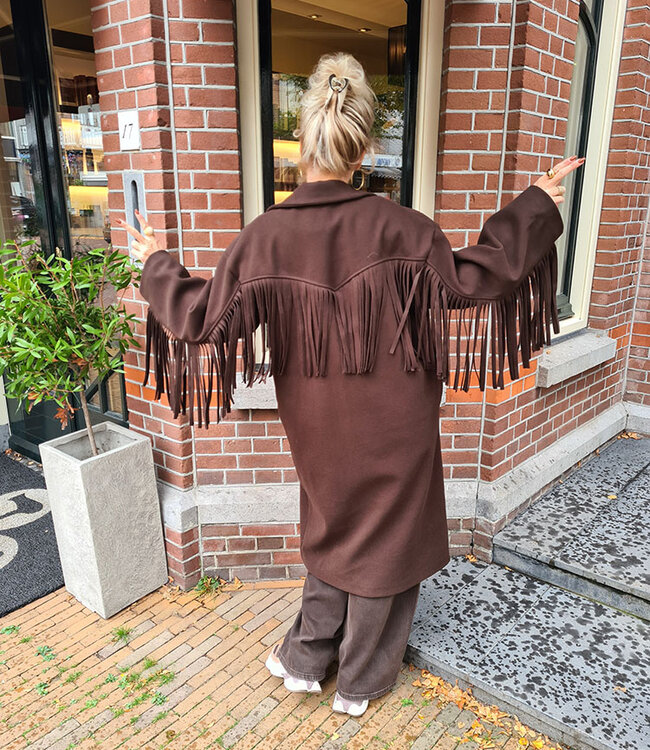 Oversized Mantel Donkerbruin Franje