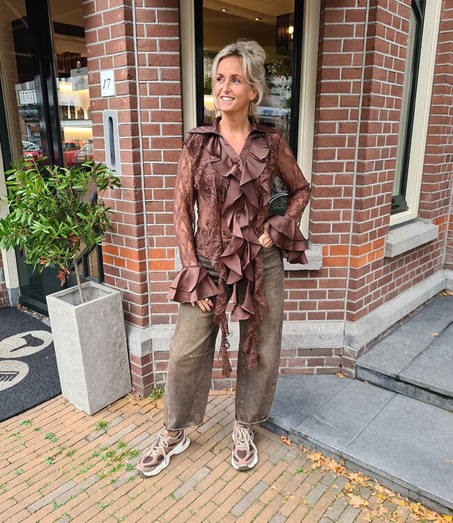Luxe Blouse Ruffle/Strass Donkerbruin