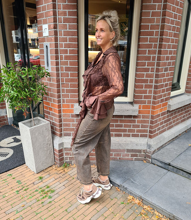 Luxe Blouse Ruffle/Strass Donkerbruin