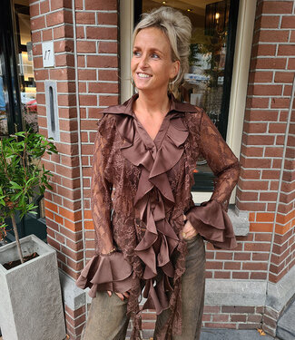 Luxe Blouse Ruffle/Strass Donkerbruin